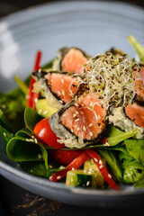 salad with tuna in batter in a blue plate on a macro photo