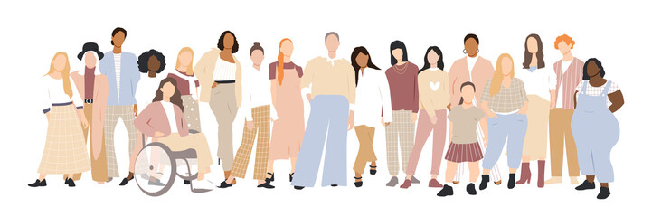 Women of different ethnicities stand side by side together. Flat vector illustration.