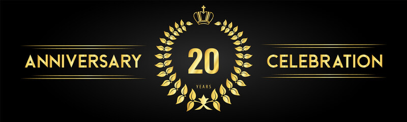 20 years anniversary celebration logo with laurel wreath and royal crown isolated on black background. Premium design for happy birthday, wedding, celebration events, greetings card, graduation.