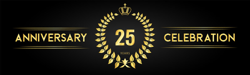 25 years anniversary celebration logo with laurel wreath and royal crown isolated on black background. Premium design for happy birthday, wedding, celebration events, greetings card, graduation.