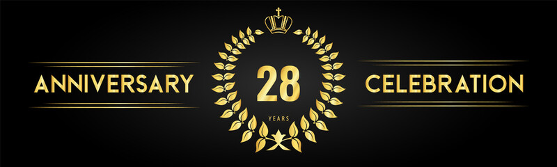 Naklejka premium 28 years anniversary celebration logo with laurel wreath and royal crown isolated on black background. Premium design for happy birthday, wedding, celebration events, greetings card, graduation.