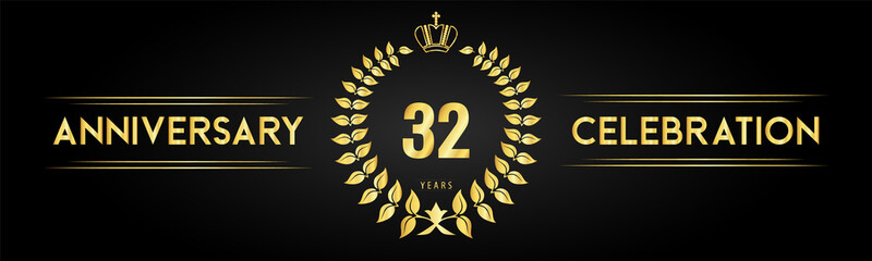 32 years anniversary celebration logo with laurel wreath and royal crown isolated on black background. Premium design for happy birthday, wedding, celebration events, greetings card, graduation.