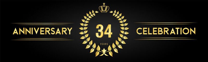 34 years anniversary celebration logo with laurel wreath and royal crown isolated on black background. Premium design for happy birthday, wedding, celebration events, greetings card, graduation.