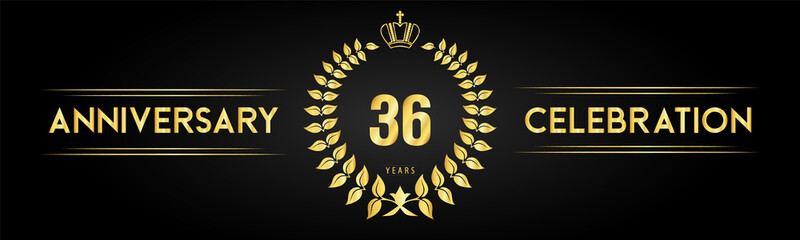 Naklejka premium 36 years anniversary celebration logo with laurel wreath and royal crown isolated on black background. Premium design for happy birthday, wedding, celebration events, greetings card, graduation.