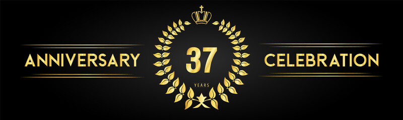 Naklejka premium 37 years anniversary celebration logo with laurel wreath and royal crown isolated on black background. Premium design for happy birthday, wedding, celebration events, greetings card, graduation.