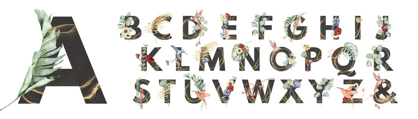Watercolor floral english alphabet set with wild flowers from A to Z © EvgeniiasArt