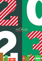 2023 numbers in minimalist style. New Year sign with lines and gift boxes. Christmas card with 23 diagonal stripes on a dark and light green background. Bauhaus art flyer. Vector 2d card illustration