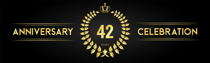 42 years anniversary celebration logo with laurel wreath and royal crown isolated on black background. Premium design for happy birthday, wedding, celebration events, greetings card, graduation.