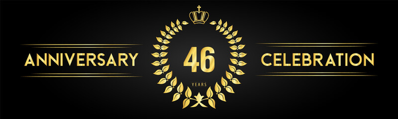 46 years anniversary celebration logo with laurel wreath and royal crown isolated on black background. Premium design for happy birthday, wedding, celebration events, greetings card, graduation.