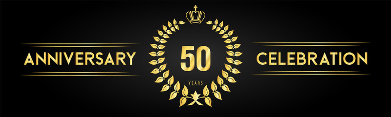 50 years anniversary celebration logo with laurel wreath and royal crown isolated on black background. Premium design for happy birthday, wedding, celebration events, greetings card, graduation.