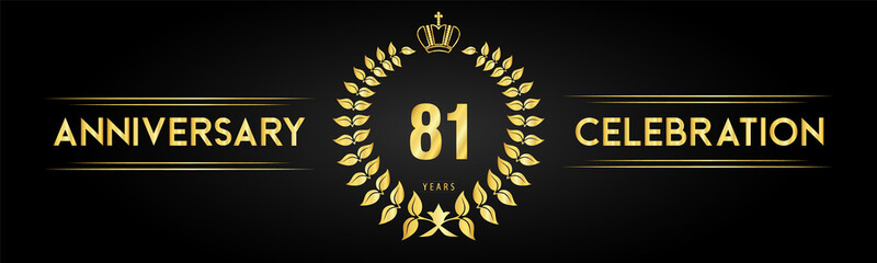 Fototapeta premium 81 years anniversary celebration logo with laurel wreath and royal crown isolated on black background. Premium design for happy birthday, wedding, celebration events, greetings card, graduation.