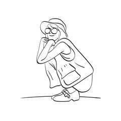 line art full length of woman sitting with sunglasses and hat illustration vector hand drawn isolated on white background