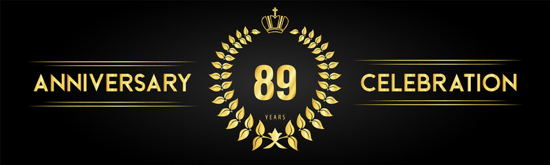 89 years anniversary celebration logo with laurel wreath and royal crown isolated on black background. Premium design for happy birthday, wedding, celebration events, greetings card, graduation.