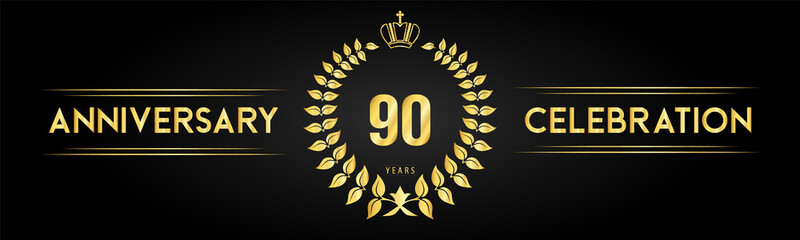 90 years anniversary celebration logo with laurel wreath and royal crown isolated on black background. Premium design for happy birthday, wedding, celebration events, greetings card, graduation.