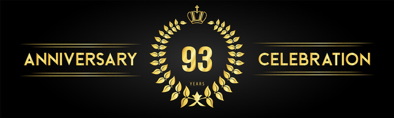 93 years anniversary celebration logo with laurel wreath and royal crown isolated on black background. Premium design for happy birthday, wedding, celebration events, greetings card, graduation.