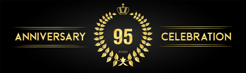 95 years anniversary celebration logo with laurel wreath and royal crown isolated on black background. Premium design for happy birthday, wedding, celebration events, greetings card, graduation.