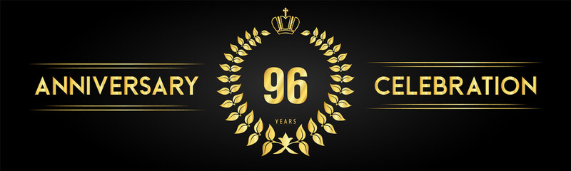 96 years anniversary celebration logo with laurel wreath and royal crown isolated on black background. Premium design for happy birthday, wedding, celebration events, greetings card, graduation.