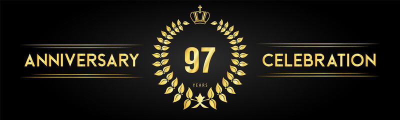 97 years anniversary celebration logo with laurel wreath and royal crown isolated on black background. Premium design for happy birthday, wedding, celebration events, greetings card, graduation.