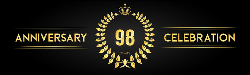 98 years anniversary celebration logo with laurel wreath and royal crown isolated on black background. Premium design for happy birthday, wedding, celebration events, greetings card, graduation.