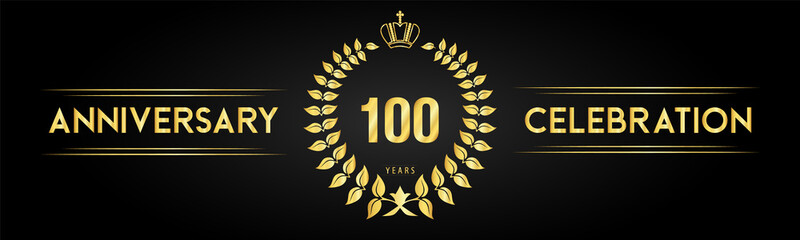 100 years anniversary celebration logo with laurel wreath and royal crown isolated on black background. Premium design for happy birthday, wedding, celebration events, greetings card, graduation.