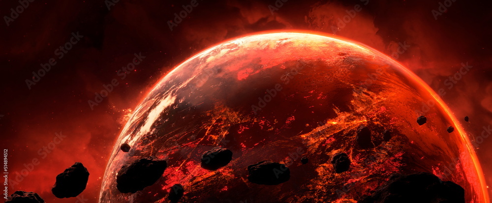 Wall mural asteroids flying in space fall on planet, belt of large metallic asteroids enters the planet atmosph