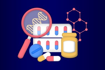 Pharmaceutical drug products manufactured from biological sources. biopharmaceutical products, biopharmacology products, biological medical product, natural pharmacy concept. 3d vector illustration.