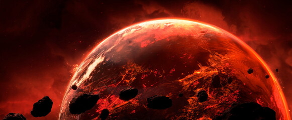 Asteroids flying in space fall on planet, belt of large metallic asteroids enters the planet atmosphere. Rocks and debris swarm in space, cosmic background. 3d rendering - obrazy, fototapety, plakaty