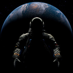 Astronaut cosmonaut discovery of new worlds of galaxies panorama, fantasy portal to far universe. Astronaut space exploration, gateway to another universe. 3d render © angel_nt