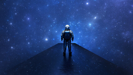 Astronaut cosmonaut stands on bridge of reflecting stars and looks into space, billions of stars and galaxies. Discovering new worlds. 3d render