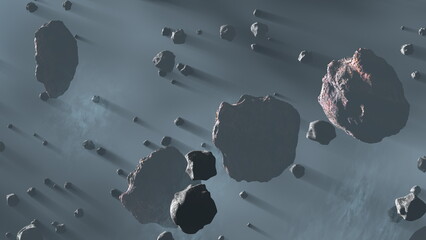Asteroids field flying in space, belt of large metallic Asteroids. Rocks and debris swarm flying through space, cosmic background. 3d render © angel_nt