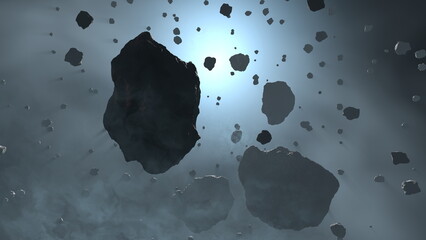 Asteroids field flying in space, belt of large metallic Asteroids. Rocks and debris swarm flying through space, cosmic background. 3d render © angel_nt