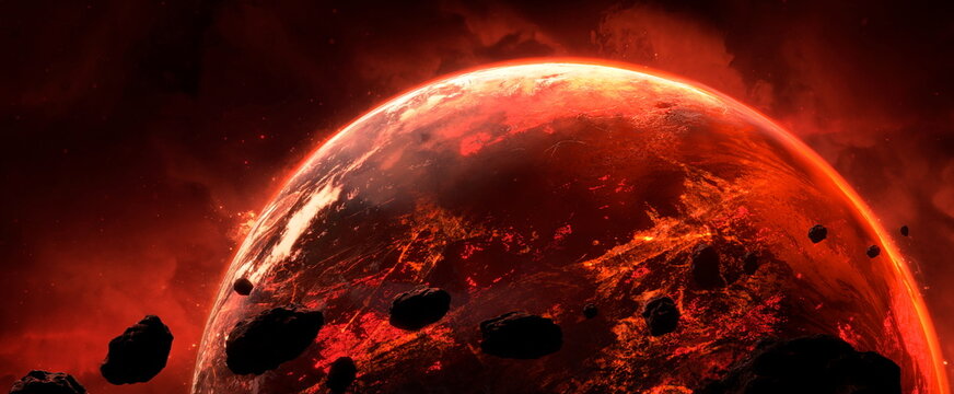 Asteroids flying in space fall on planet, belt of large metallic asteroids enters the planet atmosphere. Rocks and debris swarm in space, cosmic background. 3d rendering