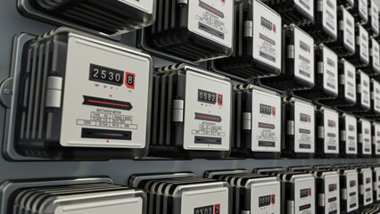 Rows of electricity meters on the wall. 3D illustration