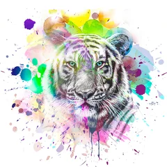 Poster Bright abstract colorful background with tiger, paint splashes © reznik_val