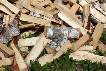 Winter preparation. Stacking Firewood. Pile of firewood loggs. Firewood background.