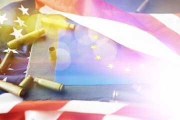 Abstract background with American flag on a gray background. Militaristic background USA and European Union and bullets.