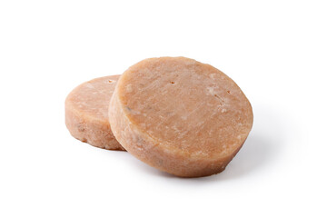 Two Salmon fish Cutlets isolated on white background. Frozen fish cutlets.