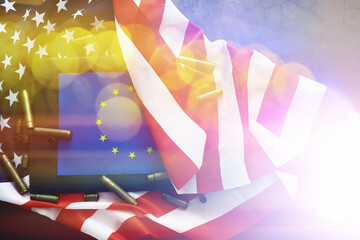 Abstract background with American flag on a gray background. Militaristic background USA and European Union and bullets.