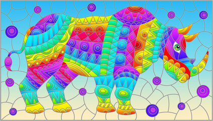 Stained glass illustration with abstract bright rhinoceros, animals on a blue background, rectangular image