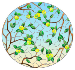 An illustration in the style of a stained glass window with apple tree branches, branches with leaves and fruits on a blue sky background, oval image