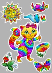 Fototapeta premium Set of stickers in a stained glass style on the theme of summer with a cute cartoon kitten, bright stickers on a grey background