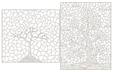 Set of contour illustrations in stained glass style with abstract trees, dark outlines on a white background