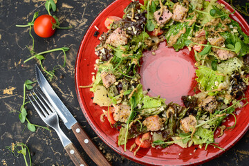tuna salad with lettuce leaves in a red plate on a dark background