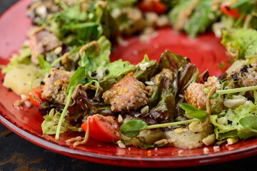 tuna salad with lettuce leaves in a red plate on a dark background macro photo