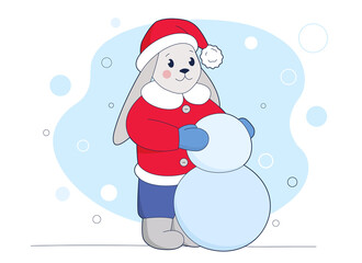Cute little rabbit in red hat is making snowman. Winter design.