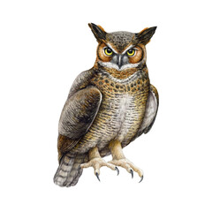 Great horned owl. Watercolor illustration. Bubo virginianus North America native avian. Hand drawn realistic eagle owl on white background. Wildlife forest animal