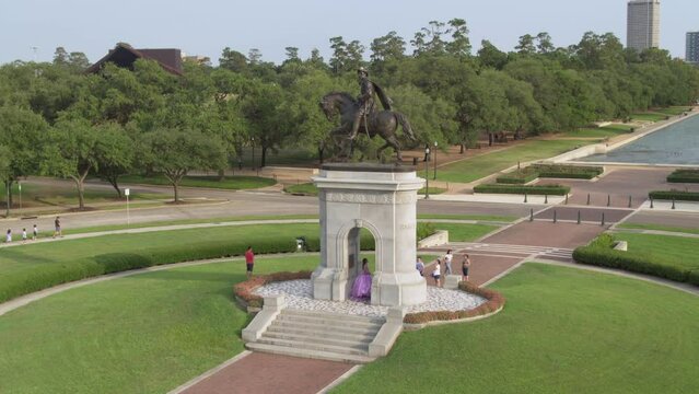 Drone view of the Sam Houston Statue in Hermann Park in Houston, Texas
