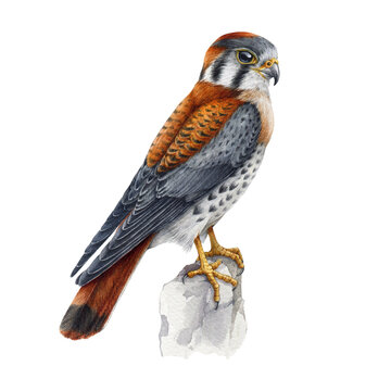 Kestrel bird, small falcon watercolor illustration. Falco sparverius North America native avian. Realistic hand drawn kestrel wildlife bird. Falcon on white background