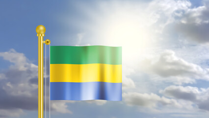 gabonese flag waving on wind in blue sky and  front of bright sun light.