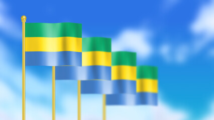 Four national flag of republic of gabonese  waving in wind focused on first flag and blue sky.